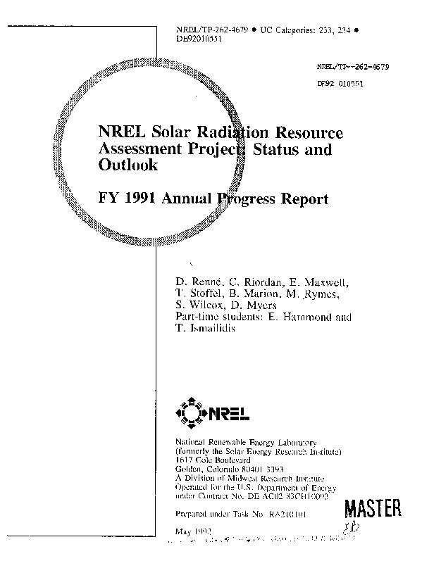 (PDF) NREL Solar Radiation Resource Assessment Project: Status and ...