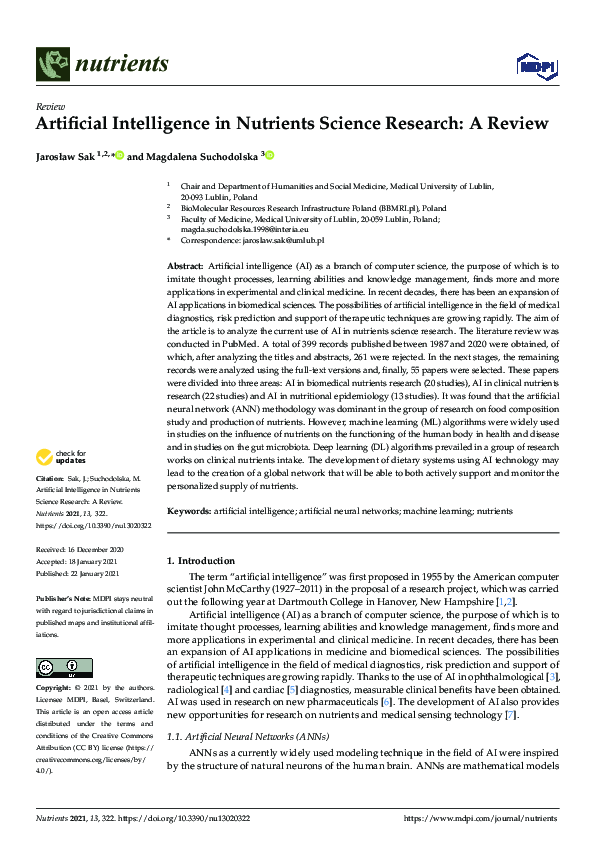 (PDF) Artificial Intelligence in Nutrients Science Research: A Review