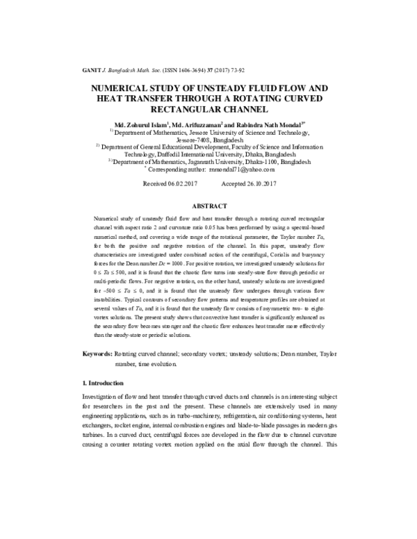 (PDF) Numerical study of Unsteady Fluid Flow and Heat Transfer Through ...