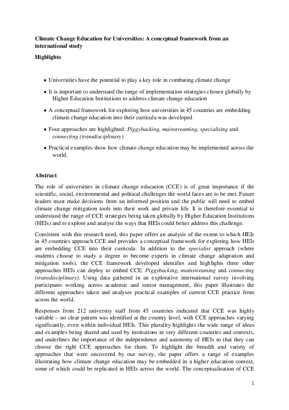(PDF) Climate change education for universities: A conceptual framework ...