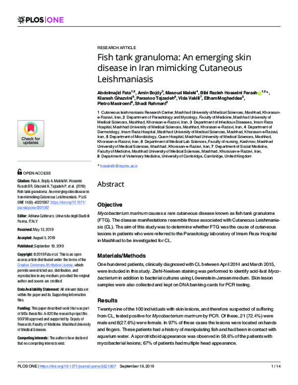 (PDF) Fish tank granuloma An emerging skin disease in Iran mimicking Cutaneous Leishmaniasis