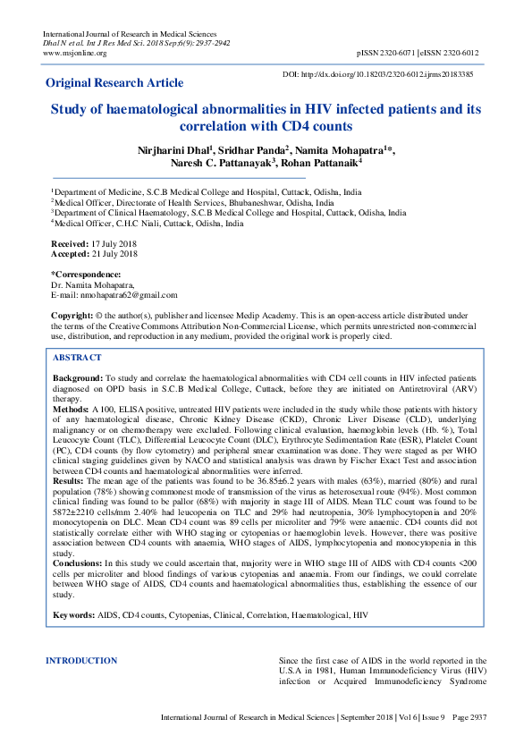 (PDF) Study of haematological abnormalities in HIV infected patients ...