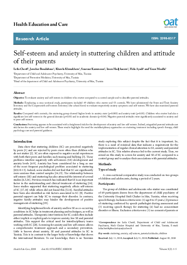 (PDF) Self-esteem and anxiety in stuttering children and attitude of ...