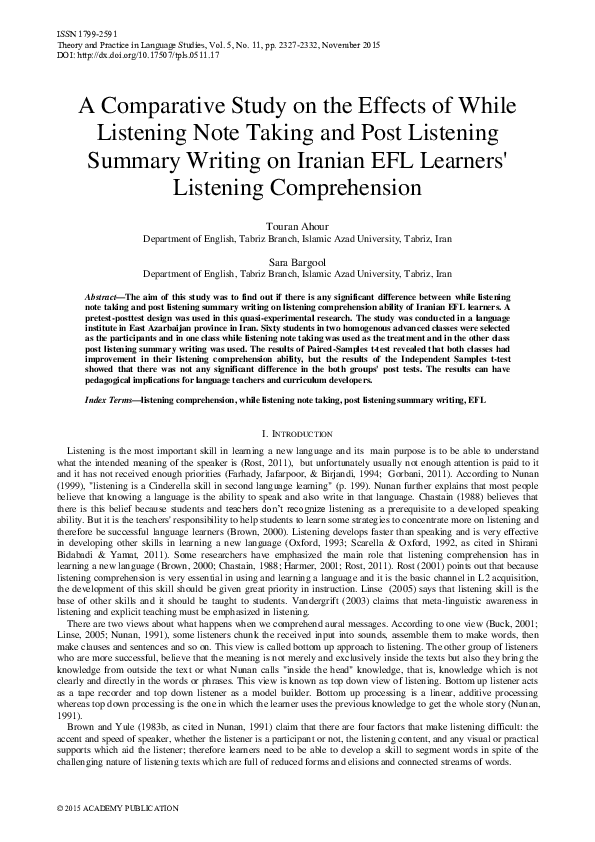 (PDF) A Comparative Study on the Effects of While Listening Note Taking ...