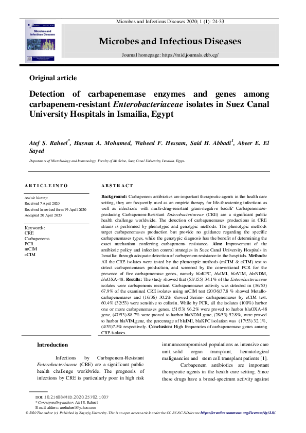 (PDF) Detection of carbapenemase enzymes and genes among carbapenem ...