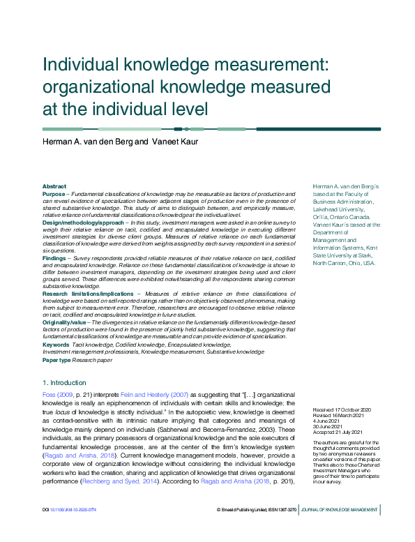 (PDF) Individual Knowledge Measurement: Organizational Knowledge ...