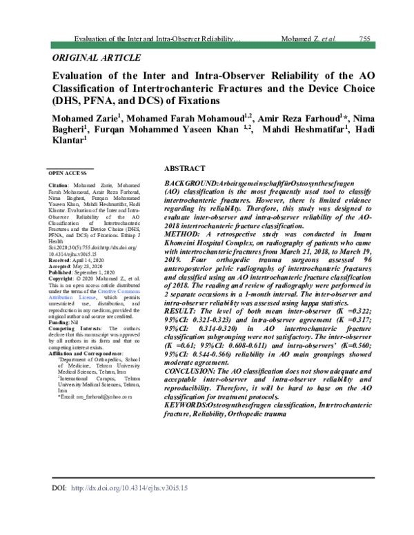 (PDF) Evaluation of the Inter and Intra-Observer Reliability of the AO ...