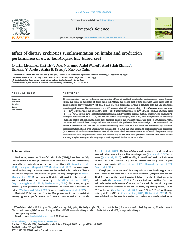 (PDF) Effect of dietary probiotics supplementation on intake and ...
