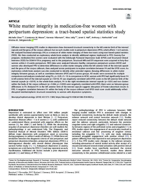 (PDF) White matter integrity in medication-free women with peripartum ...