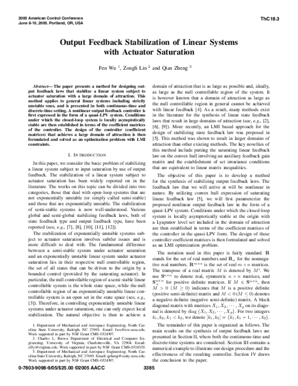 (PDF) Output Feedback Stabilization of Linear Systems With Actuator ...