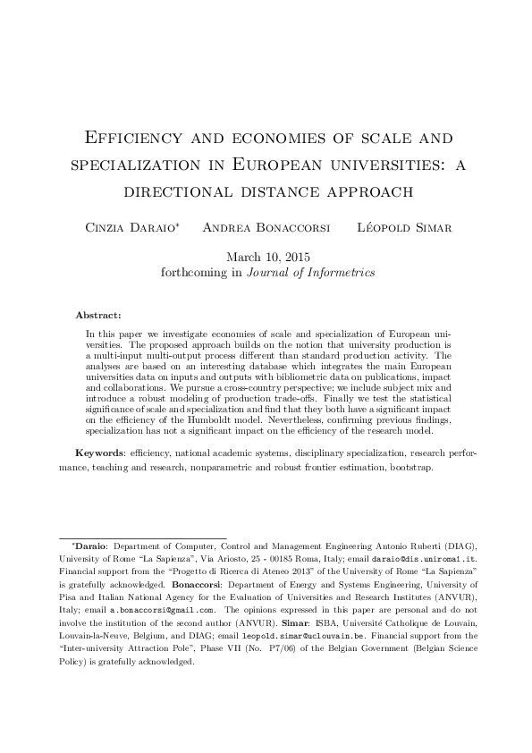 (PDF) Efficiency and economies of scale and specialization in European ...
