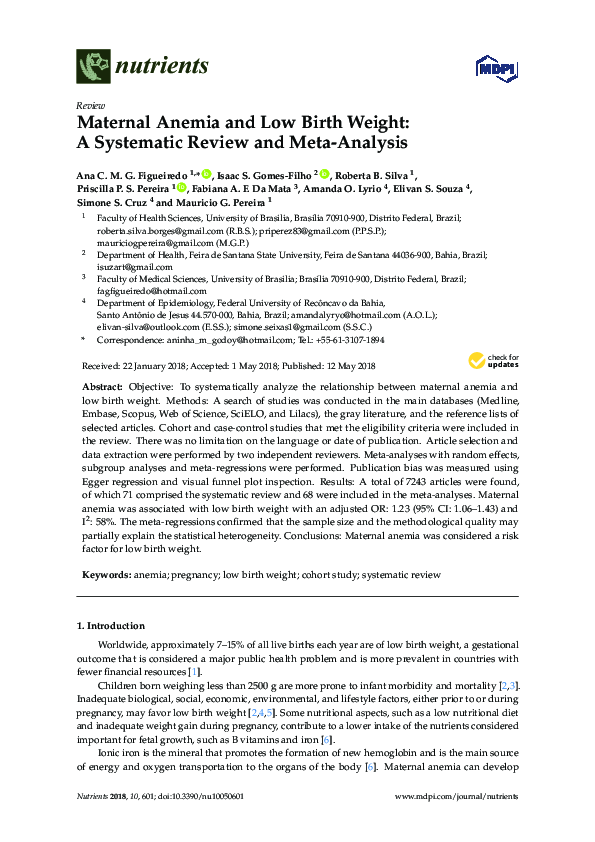 (PDF) Maternal Anemia and Low Birth Weight: A Systematic Review and ...
