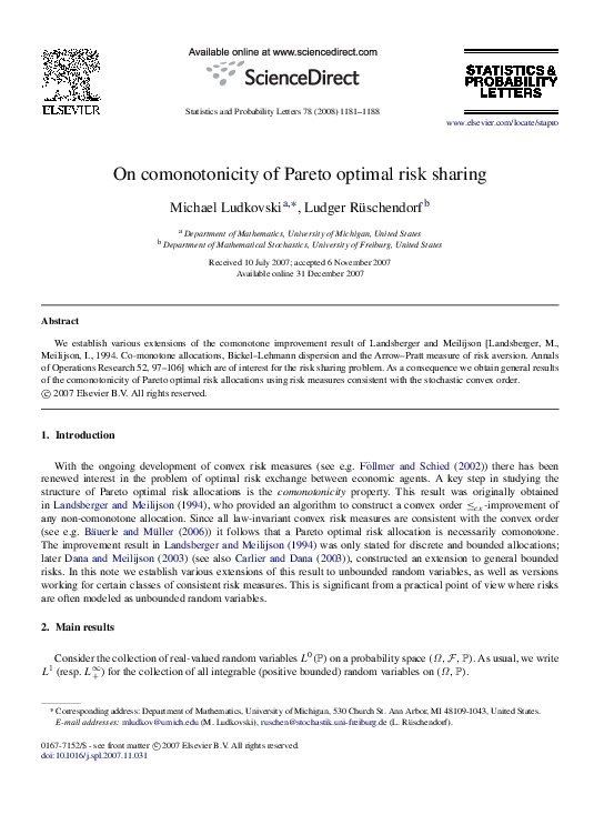 (PDF) On comonotonicity of Pareto optimal risk sharing
