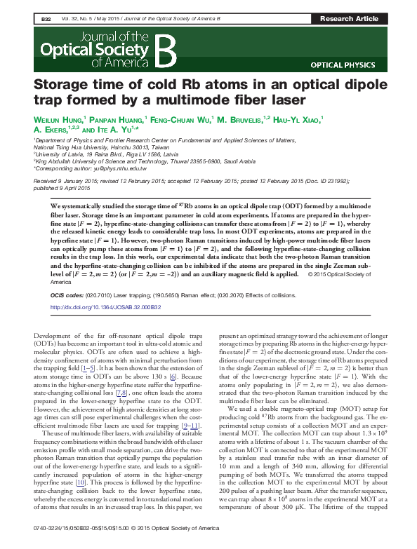 (PDF) Storage time of cold Rb atoms in an optical dipole trap formed by ...