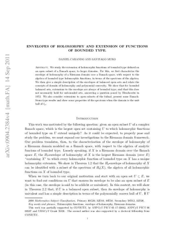 (PDF) Envelopes of holomorphy and extension of functions of bounded type
