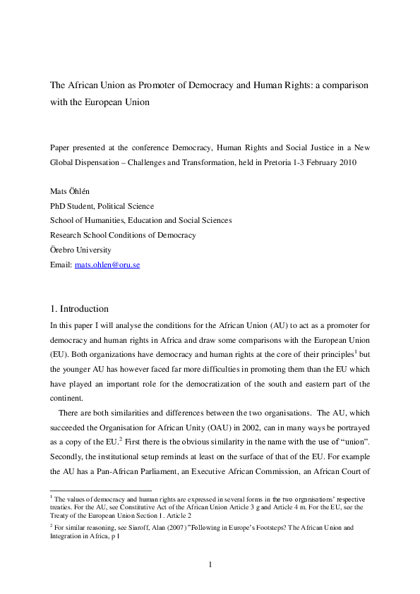 (PDF) The African Union as Promoter of Democracy and Human Rights: a ...