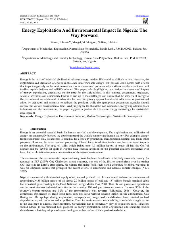(PDF) Energy Exploitation And Environmental Impact In Nigeria: The Way ...