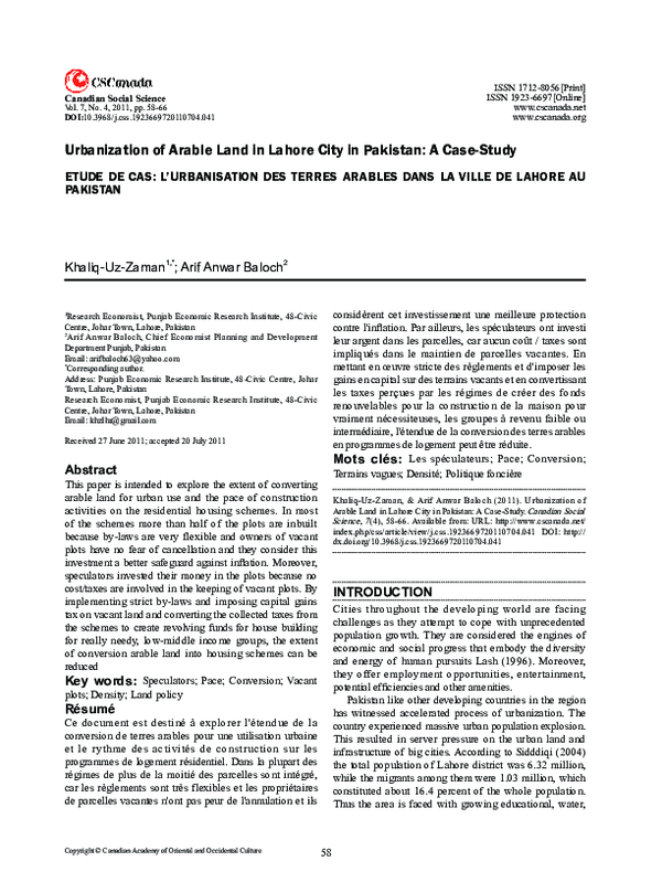 (PDF) Urbanization of Arable Land in Lahore City in Pakistan A Case