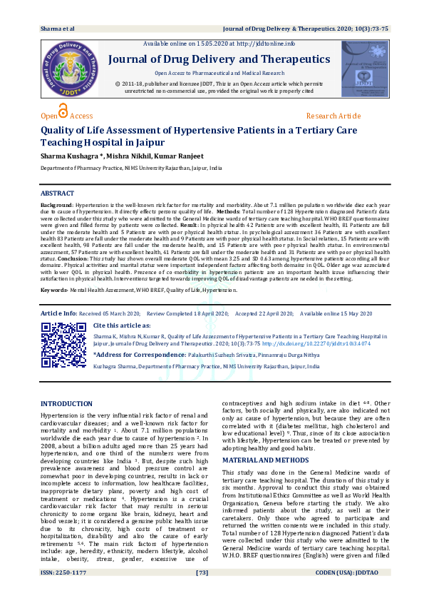 (PDF) Quality of Life Assessment of Hypertensive Patients in a Tertiary ...