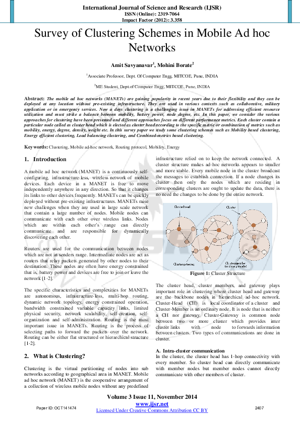 (PDF) Survey of Clustering Schemes in Mobile Ad hoc Networks