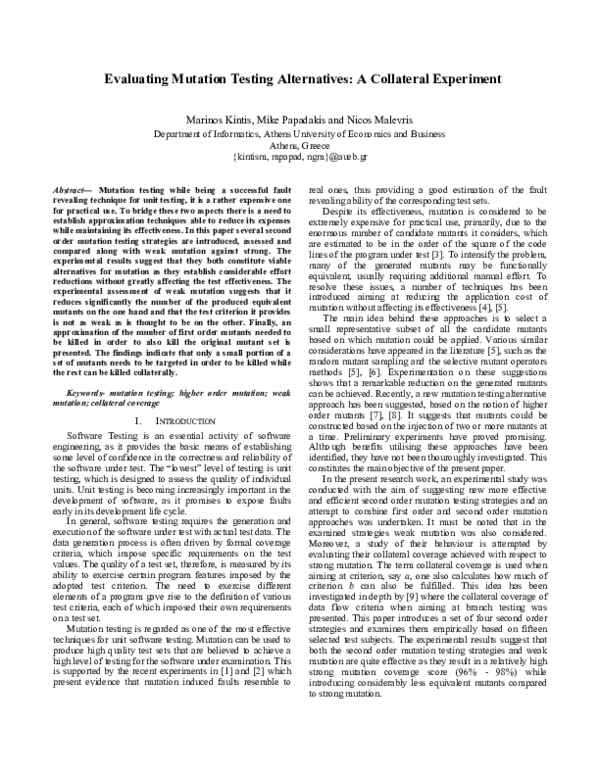 Pdf Evaluating Mutation Testing Alternatives A Collateral Experiment