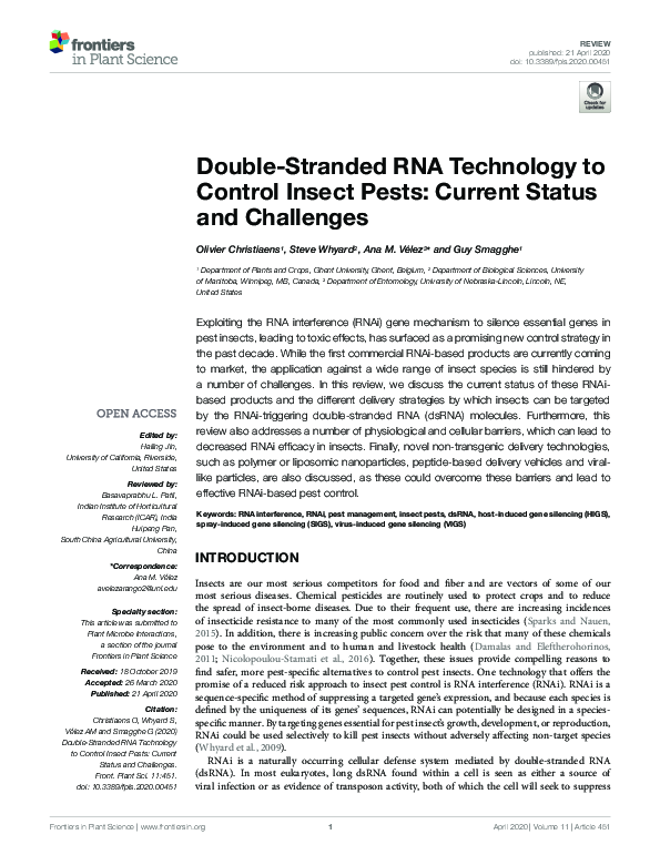 (PDF) Double-Stranded RNA Technology to Control Insect Pests: Current ...