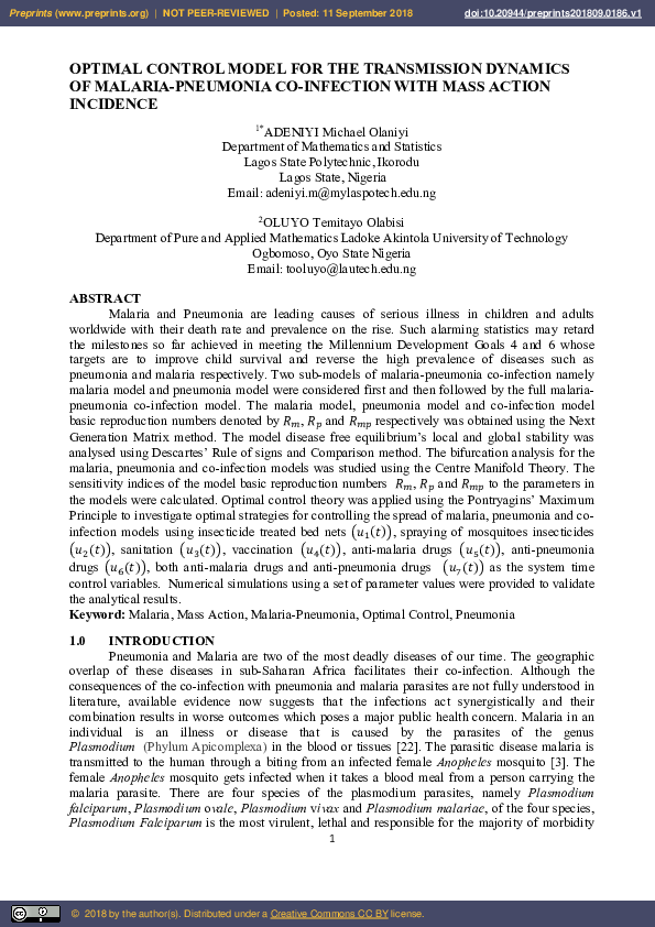 (PDF) Optimal Control Model for the Transmission Dynamics of Malaria ...