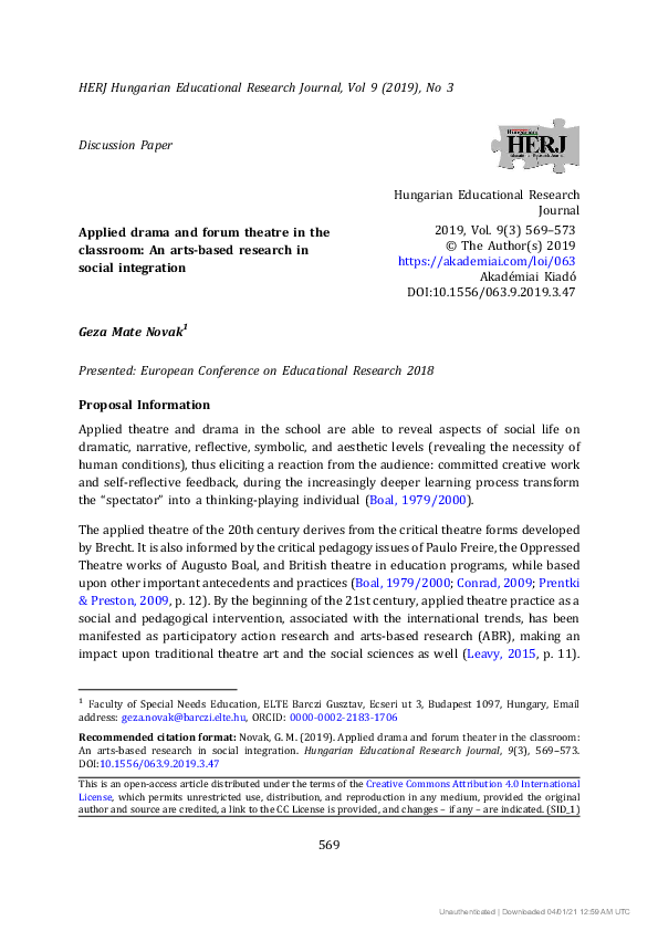 (PDF) Applied drama and forum theatre in the classroom An artsbased