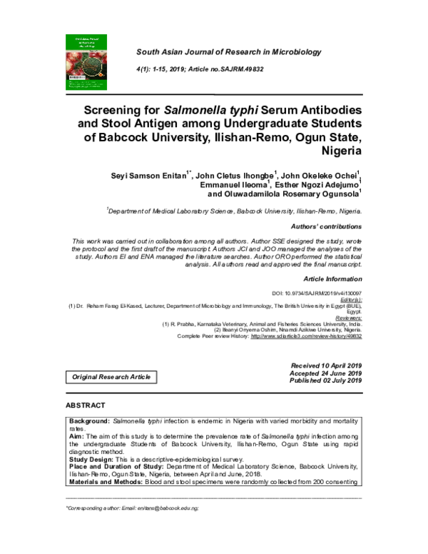 (PDF) Screening for Salmonella typhi Serum Antibodies and Stool Antigen ...