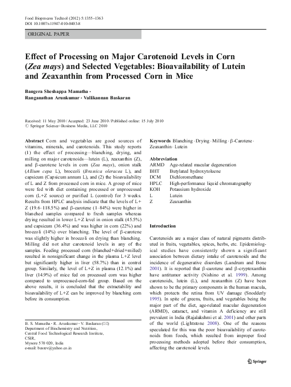 (PDF) Effect of Processing on Major Carotenoid Levels in Corn (Zea mays