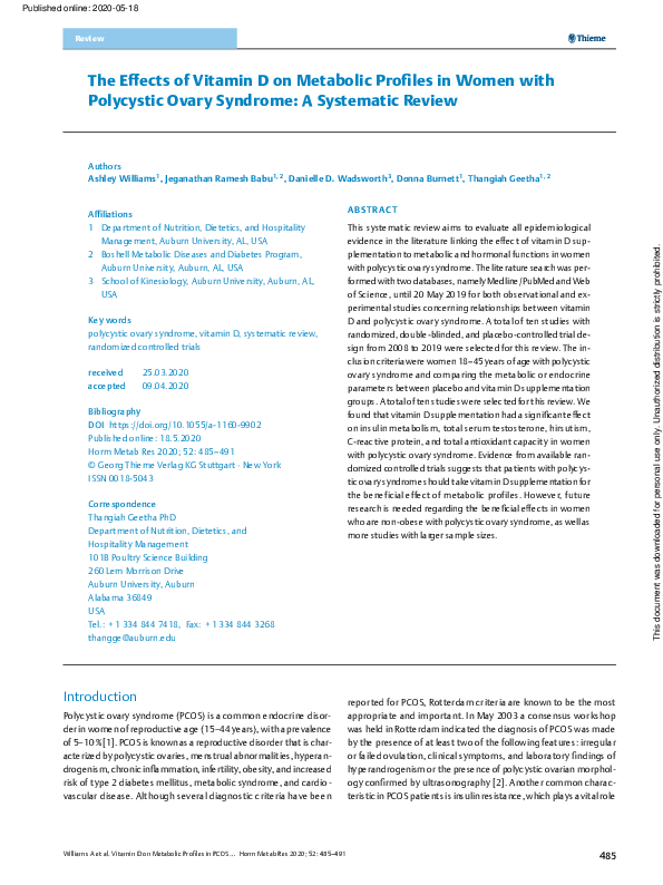 (PDF) The Effects of Vitamin D on Metabolic Profiles in Women with ...