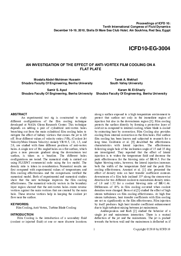 (PDF) An Investigation of the Effect of Anti-Vortex Film Cooling On a ...