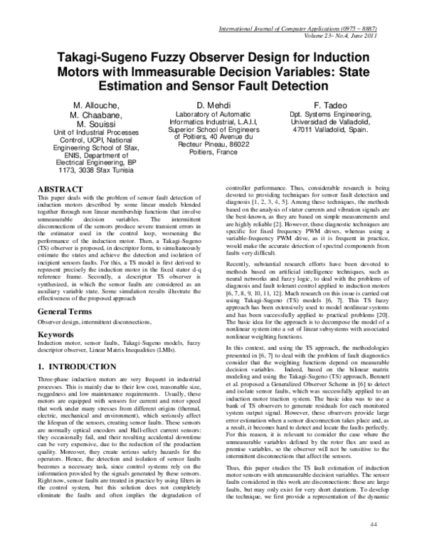 (PDF) TakagiSugeno Fuzzy Observer Design for Induction Motors with ...