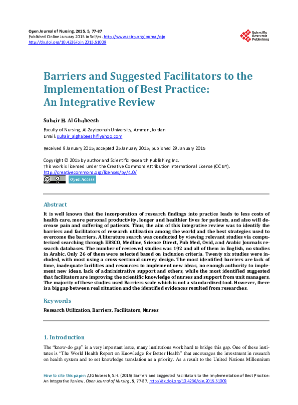 (PDF) Barriers and Suggested Facilitators to the Implementation of Best ...