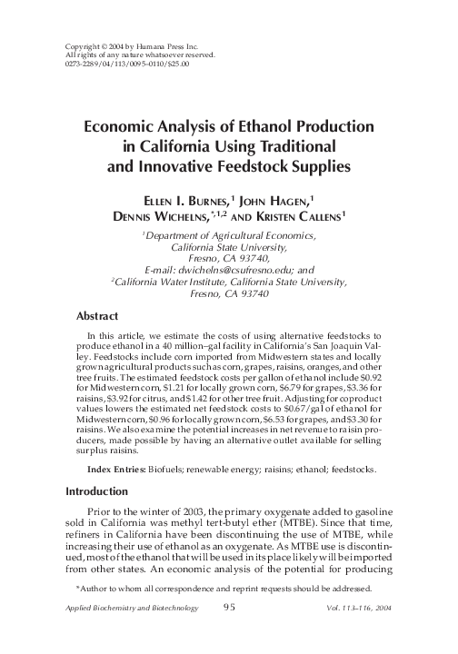 (PDF) Economic Analysis of Ethanol Production in California Using ...