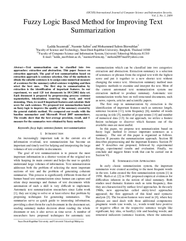 (PDF) Fuzzy Logic Based Method for Improving Text Summarization