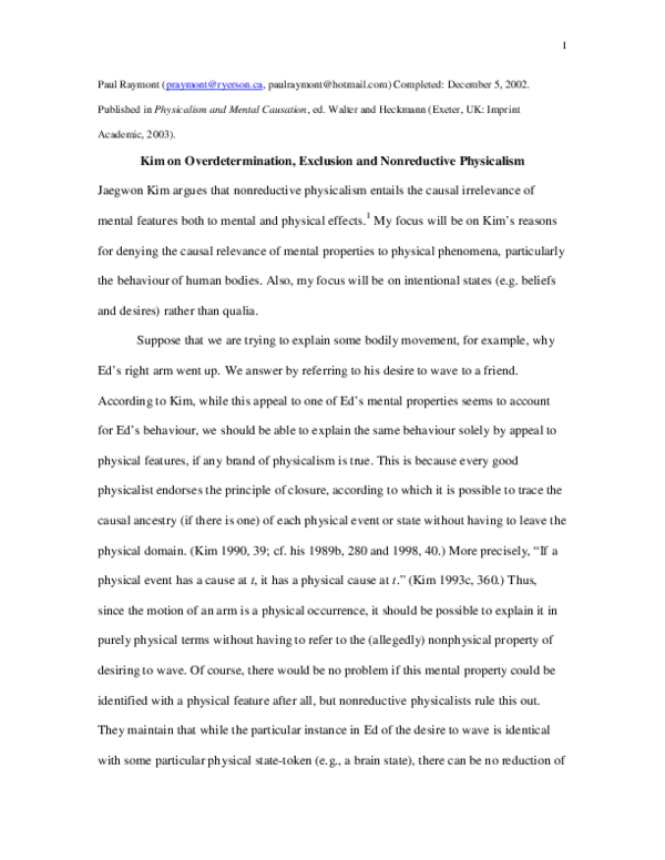 (PDF) Kim on overdetermination, exclusion, and nonreductive physicalism