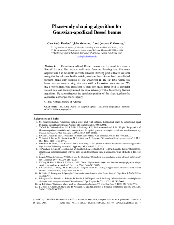 (PDF) Phase-only shaping algorithm for Gaussian-apodized Bessel beams