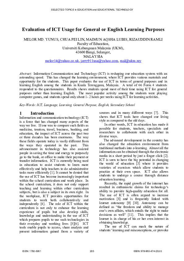 (PDF) Evaluation of ICT Usage for General or English Learning Purposes