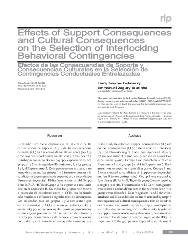 (PDF) Effects of Support Consequences and Cultural Consequences on the Selection of Interlocking