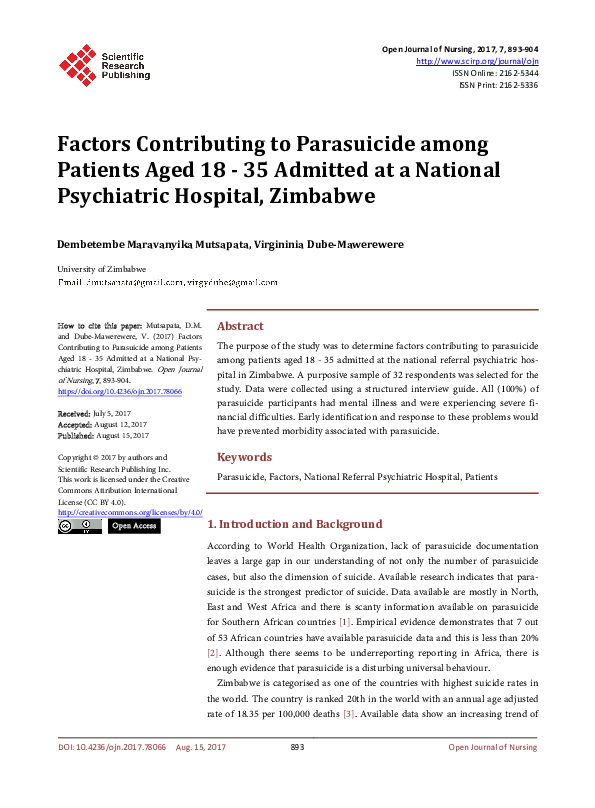 (PDF) Factors Contributing to Parasuicide among Patients Aged 18 35