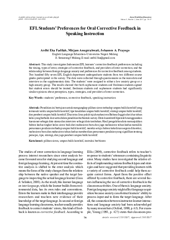 (PDF) Efl Students’ Preferences for Oral Corrective Feedback in ...