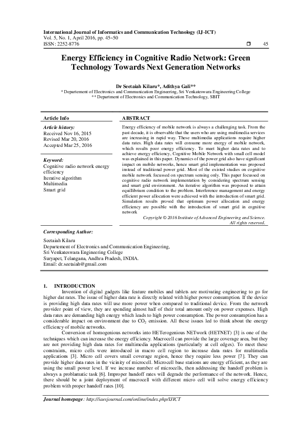 (PDF) Energy Efficiency in Cognitive Radio Network: Green Technology ...