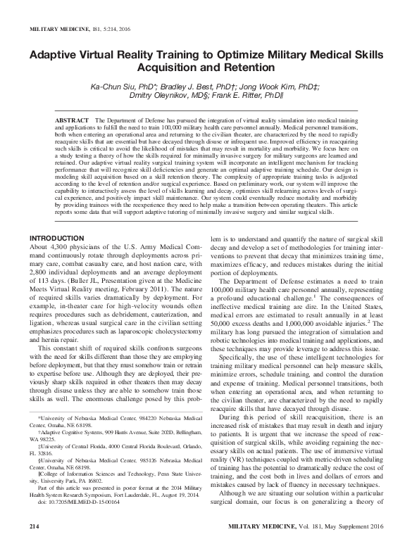 (PDF) Adaptive Virtual Reality Training to Optimize Military Medical ...