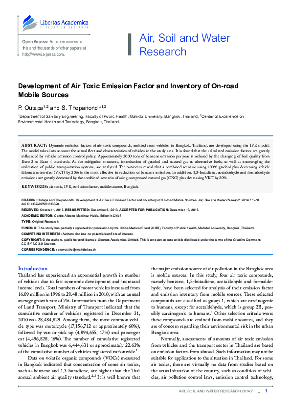 (PDF) Development of Air Toxic Emission Factor and Inventory of On-road ...