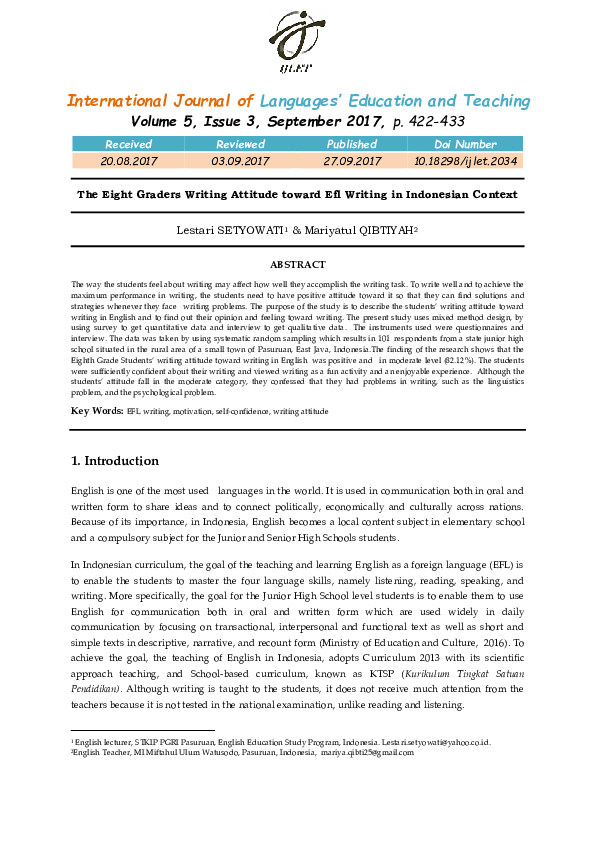 (PDF) The Eight Graders Writing Attitude toward Efl Writing in ...