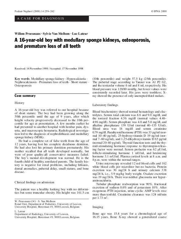 (PDF) A 16yearold boy with medullary sponge kidneys, osteoporosis, and premature loss of all