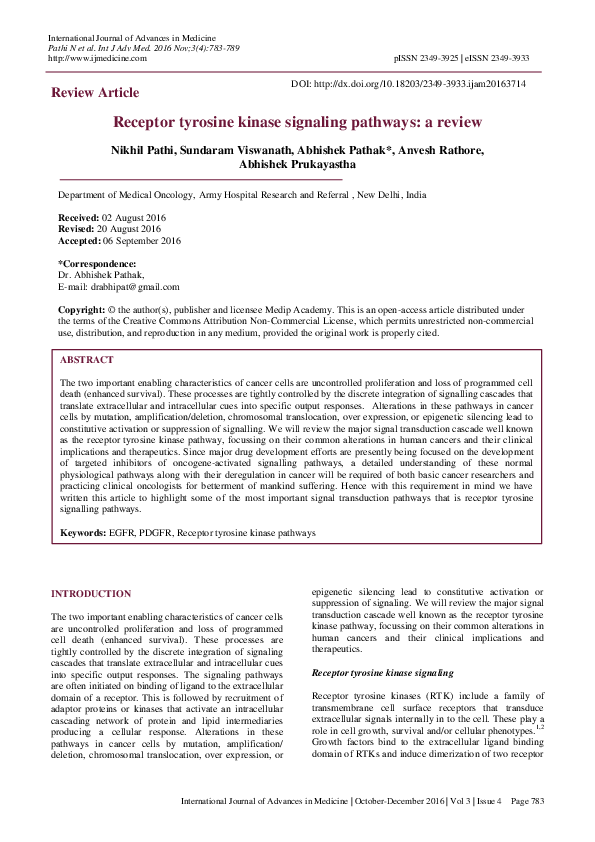 (PDF) Receptor tyrosine kinase signaling pathways: a review