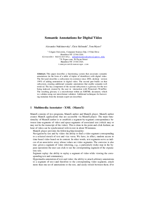 (PDF) Semantic Annotations for Digital Video