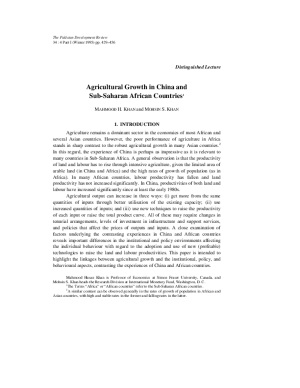 (PDF) Agricultural Growth in China and Sub-Saharan African Countries ...